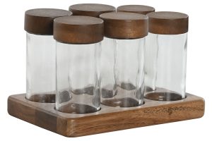 SUPPORT ÉPICES SET 6 ACACIA VERRE 17X12X10,5 90ML