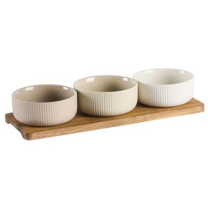 Set de 3 ramequins en grËs blanc sur plateau acacia 31x11x5,8 cm