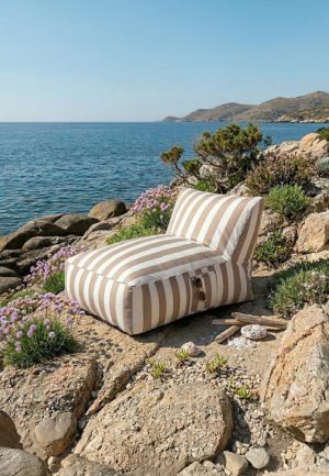 Chaise longue rayures blanches et beiges | 72x102x65 cm