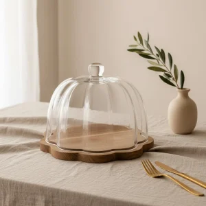 cloche en verre avec plateau en acacia  Ø 26 cm