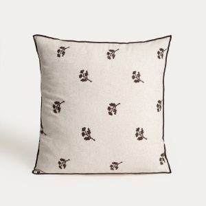 Coussin en mélange de lin avec broderie et garniture décorative | 45 × 45 cm