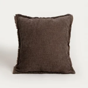Coussin marron, mélange de lin avec franges | 45 × 45 cm