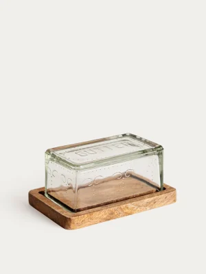Alternative view of Beurrier  verre avec une base en bois de manguier | 17x11,5x8 cm