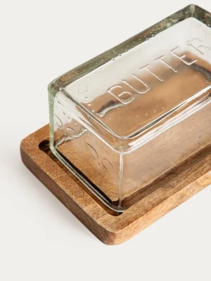 Beurrier  verre avec une base en bois de manguier | 17x11,5x8 cm