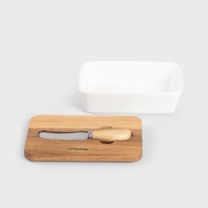 Beurrier  porcelaine avec couteau et couvercle en acacia blanc | 11x16 cm